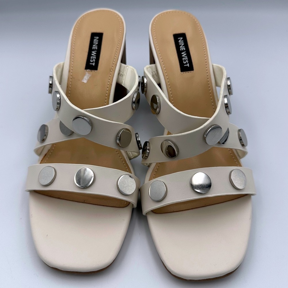 Nine West White Studded Mule Sandals Block Heel 3.5" Slip On Women's Size 9M